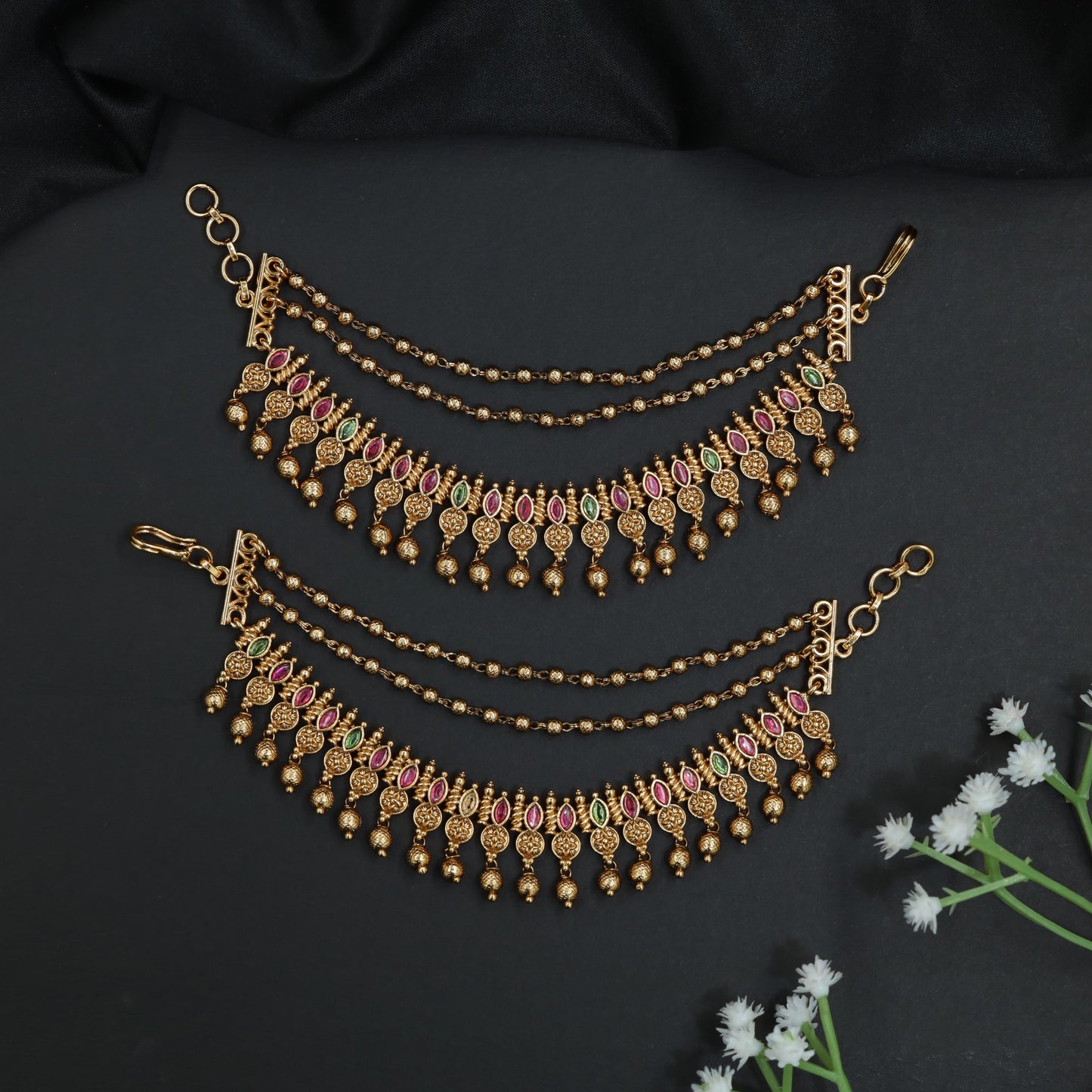 Antique Pearl Mati with Layered Pearl Drapes and Ruby Motif Border
