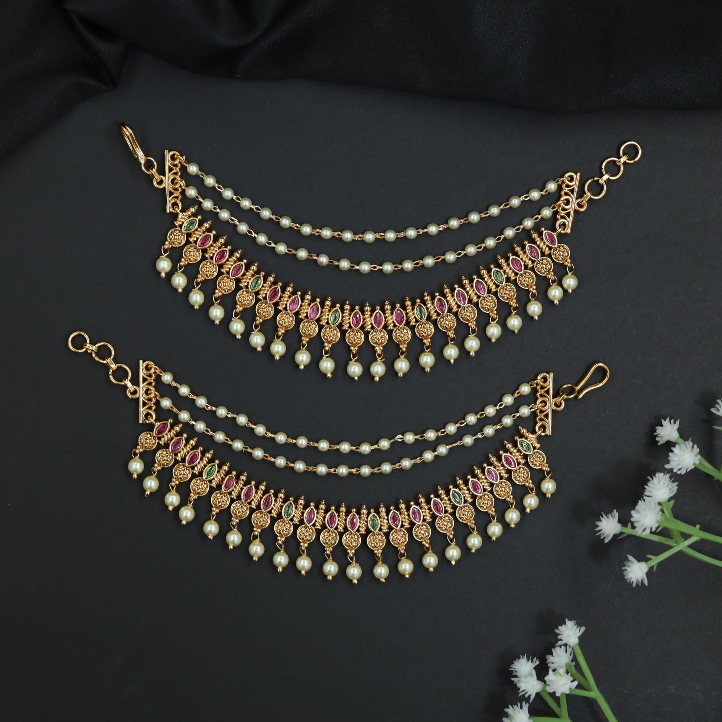 Antique Pearl Mati with Layered Pearl Drapes and Ruby Motif Border