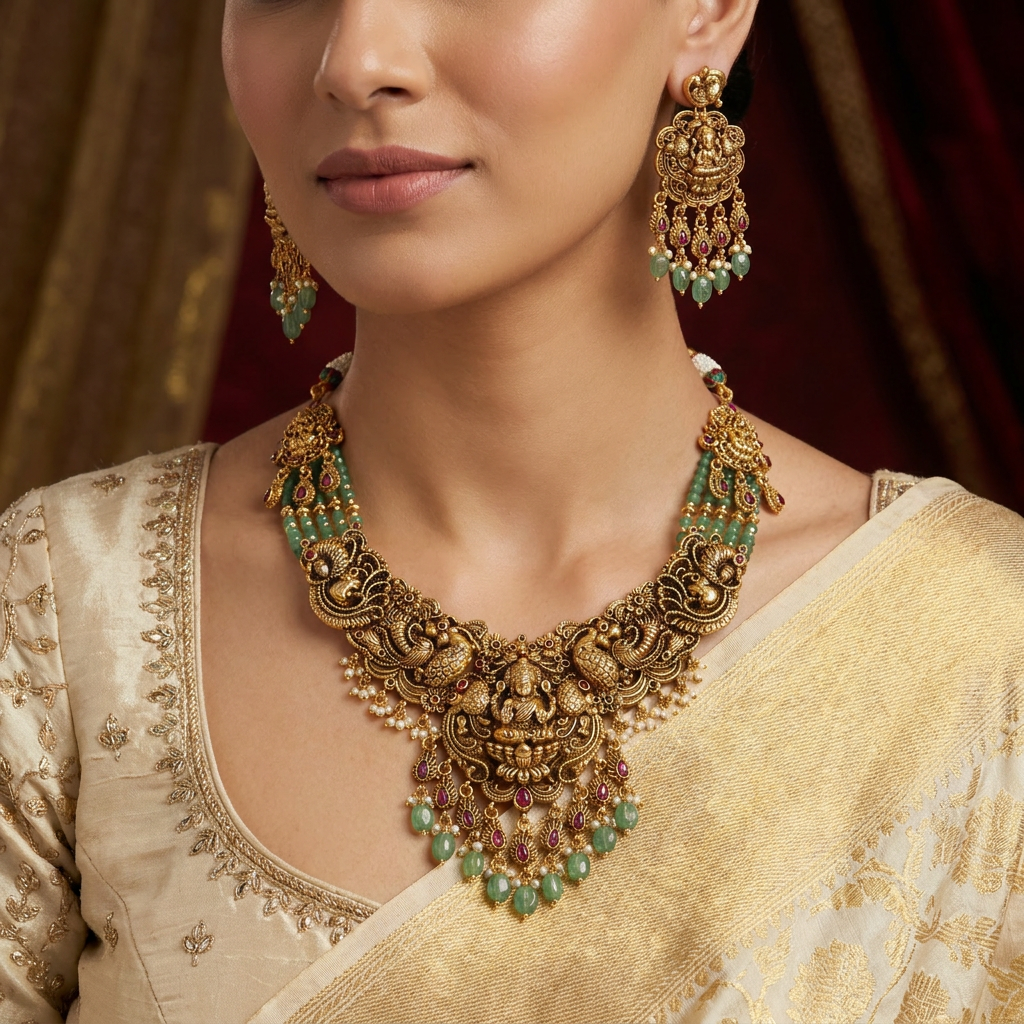 Lakshmi pendant beads necklace with twin peacock motif detailing