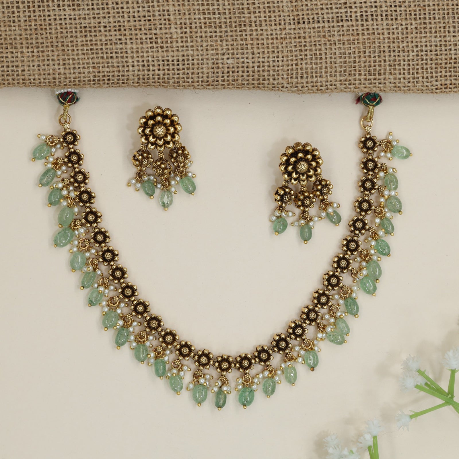 Traditional antique floral necklace with cascading bead accents