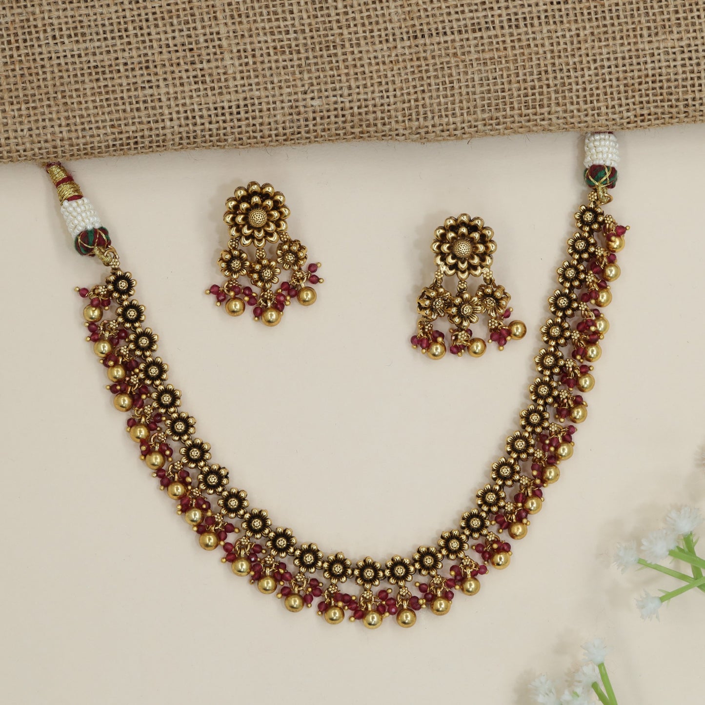 Traditional antique floral necklace with cascading bead accents