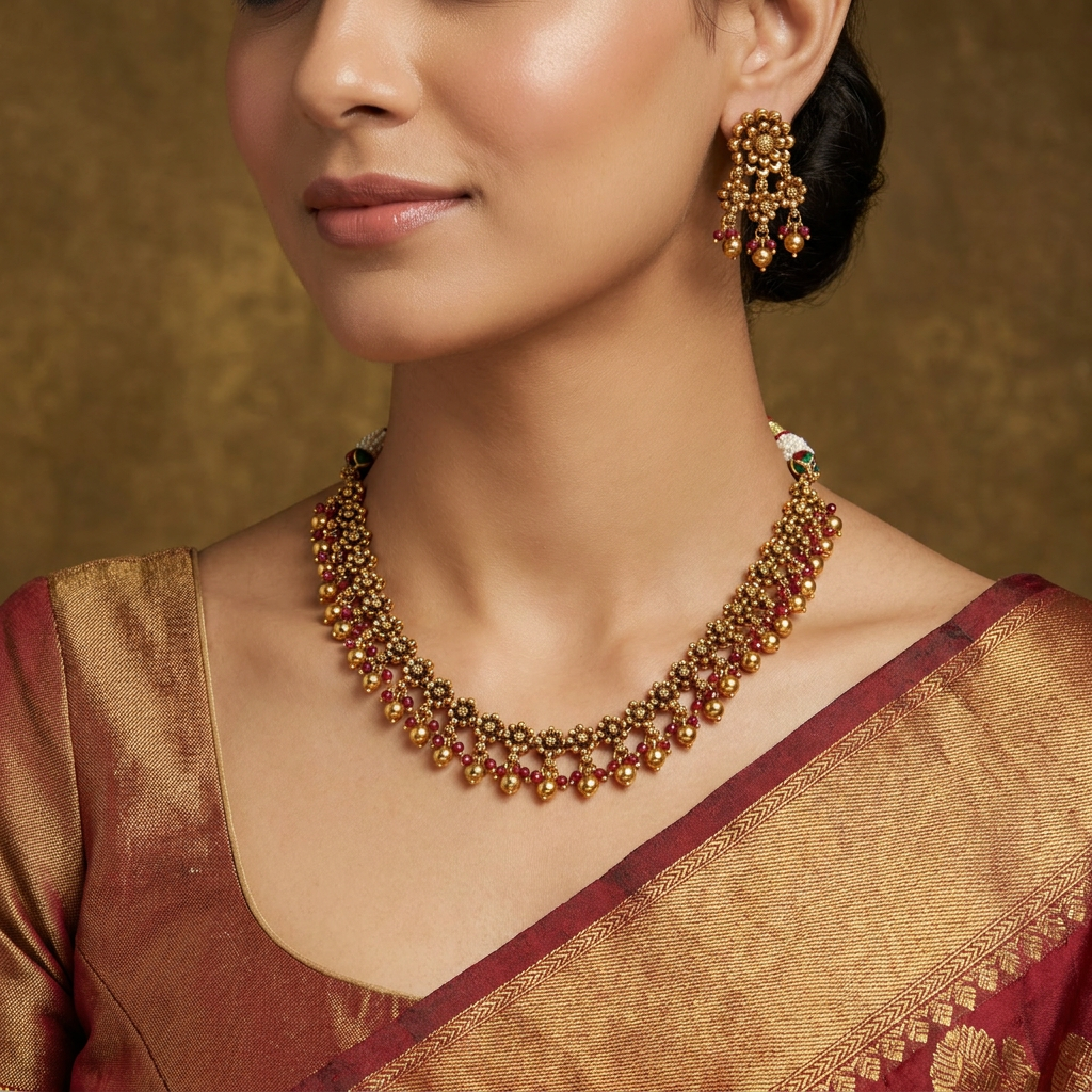Traditional antique floral necklace with cascading bead accents