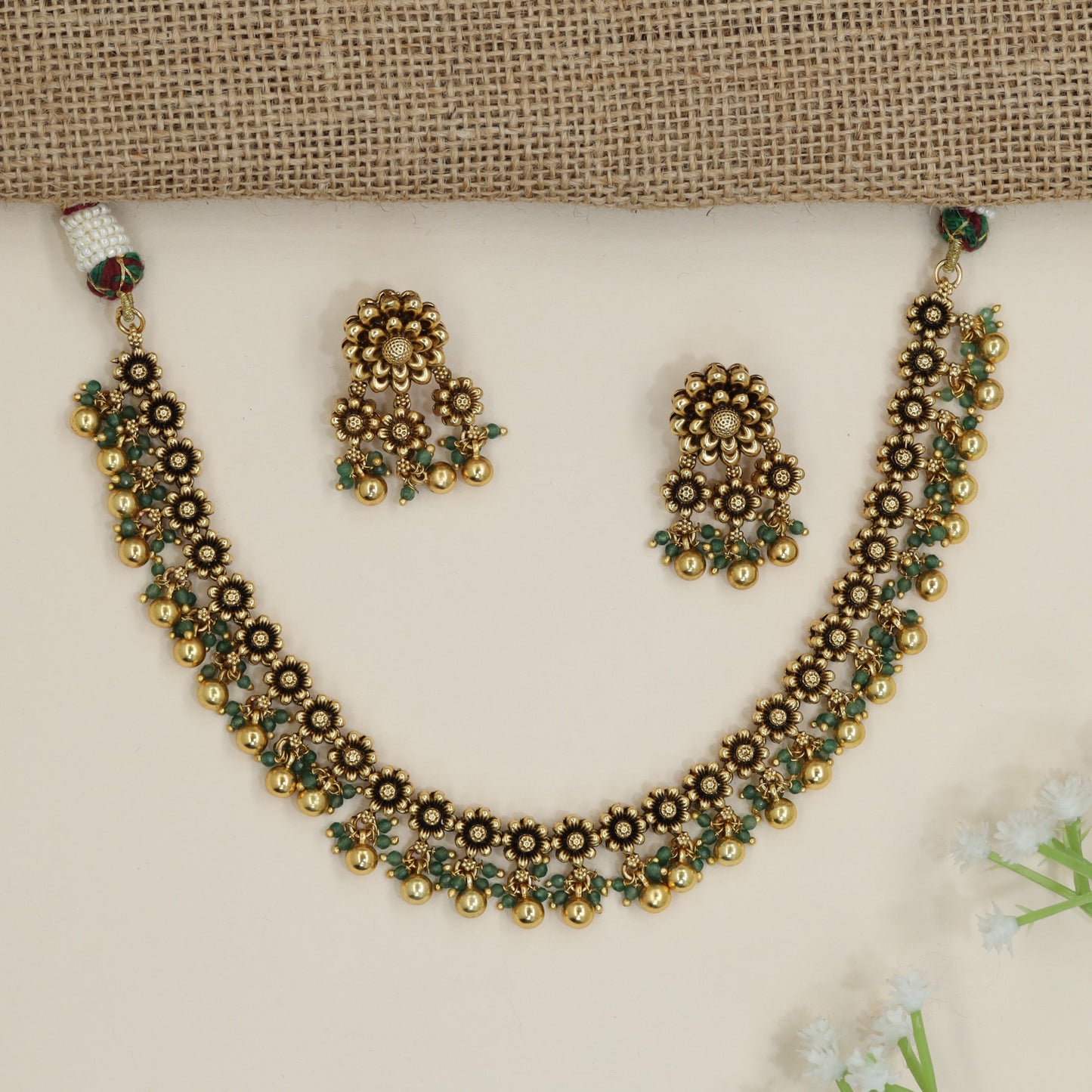 Traditional antique floral necklace with cascading bead accents