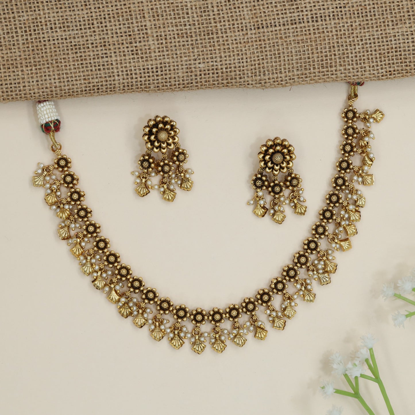 Traditional antique floral necklace with cascading bead accents