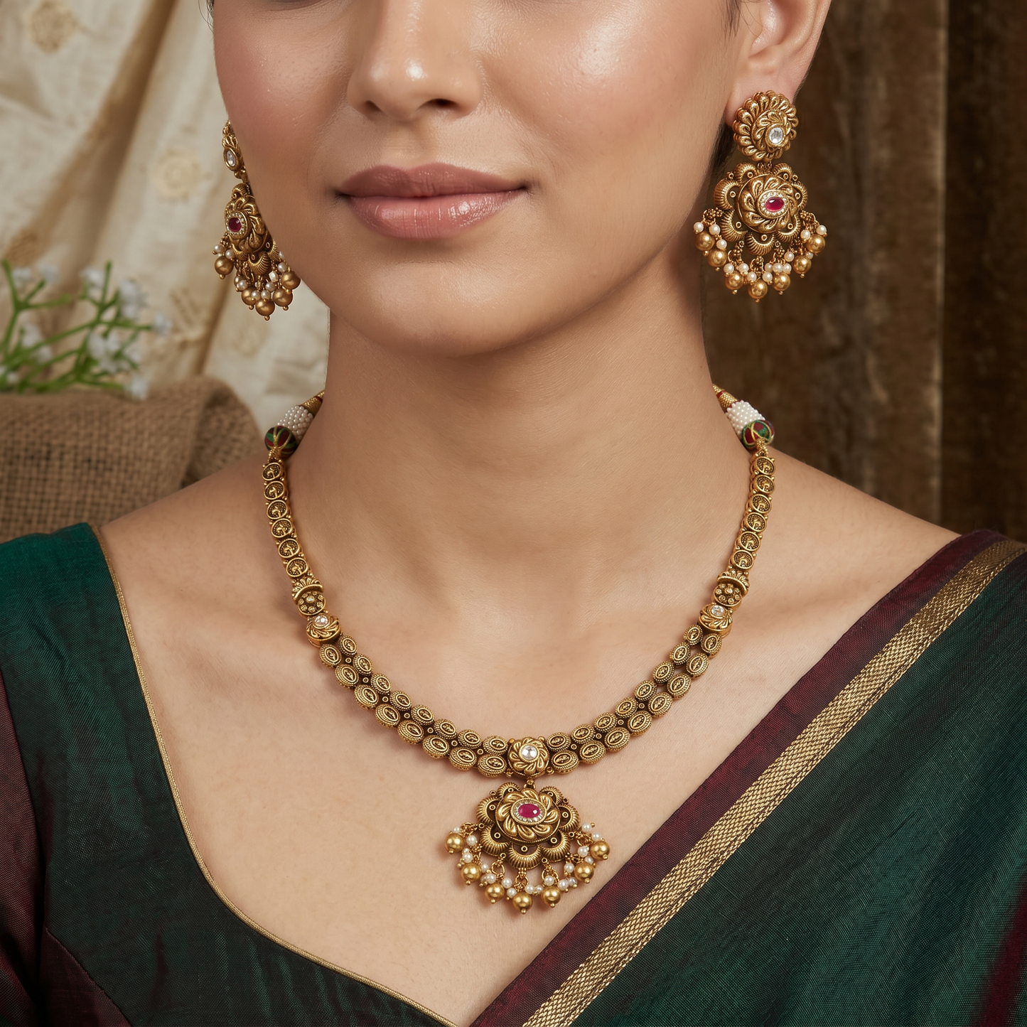 Traditional flower pendant necklace with ornate border detailing