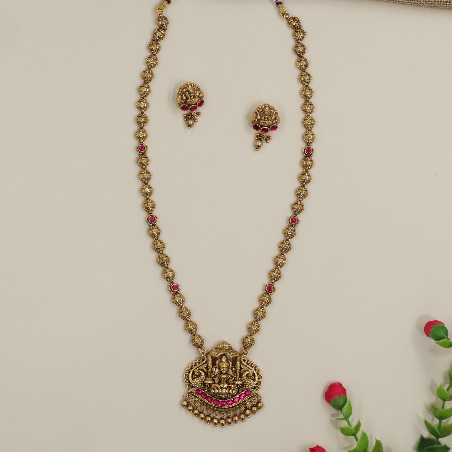 Traditional Antique Chain with Lakshmi Pendant and Textured Bead Strands