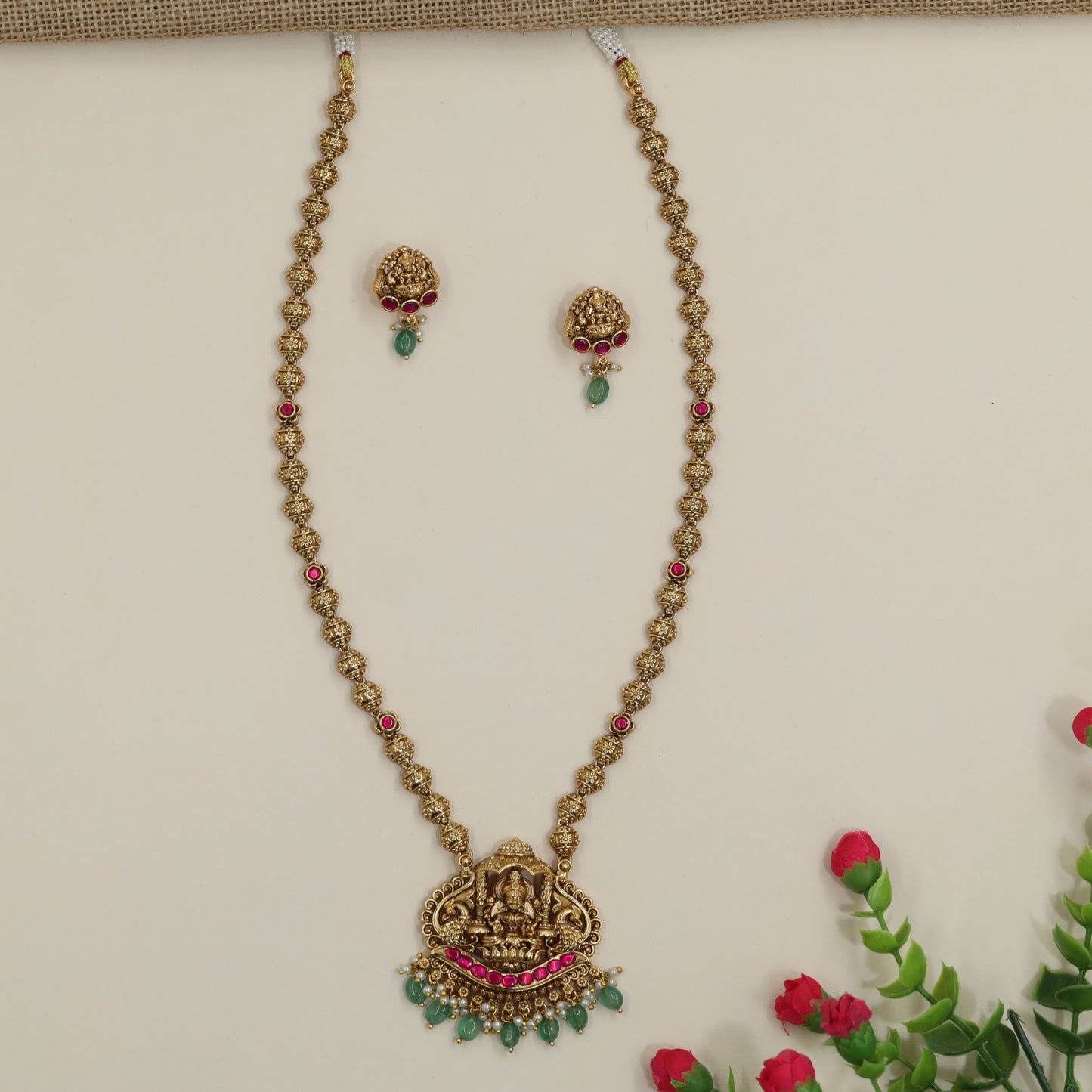 Traditional Antique Chain with Lakshmi Pendant and Textured Bead Strands