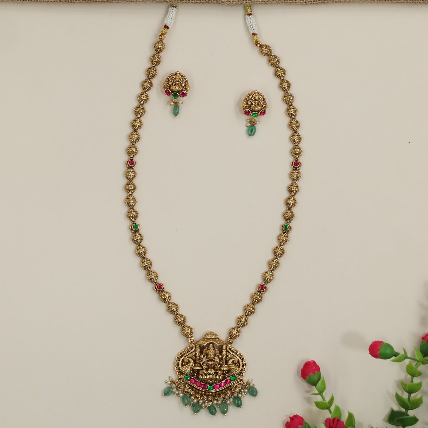 Traditional Antique Chain with Lakshmi Pendant and Textured Bead Strands