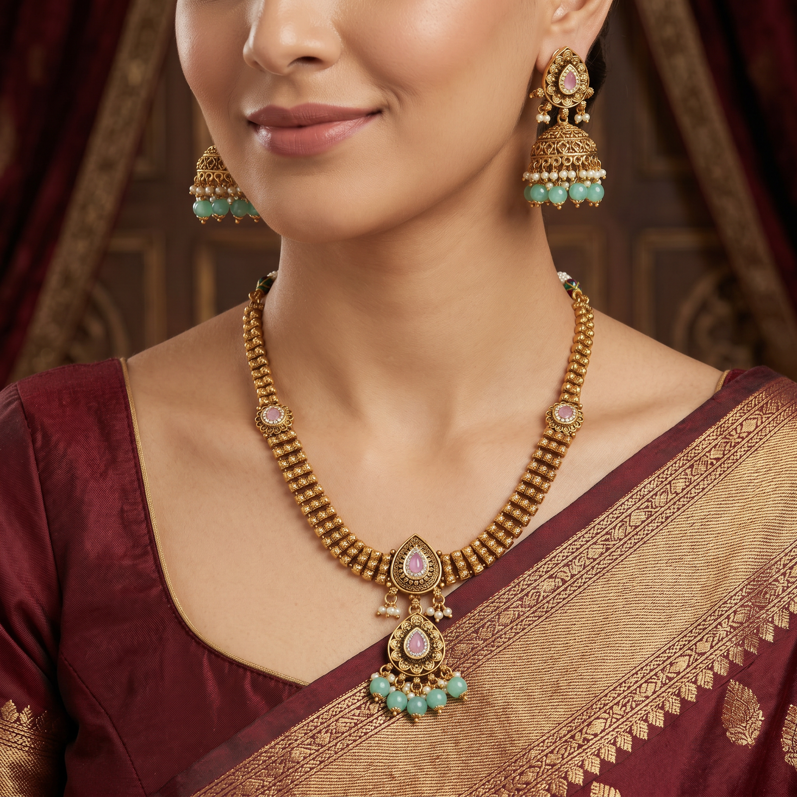 Architectural necklace with layered link construction and pendant drop