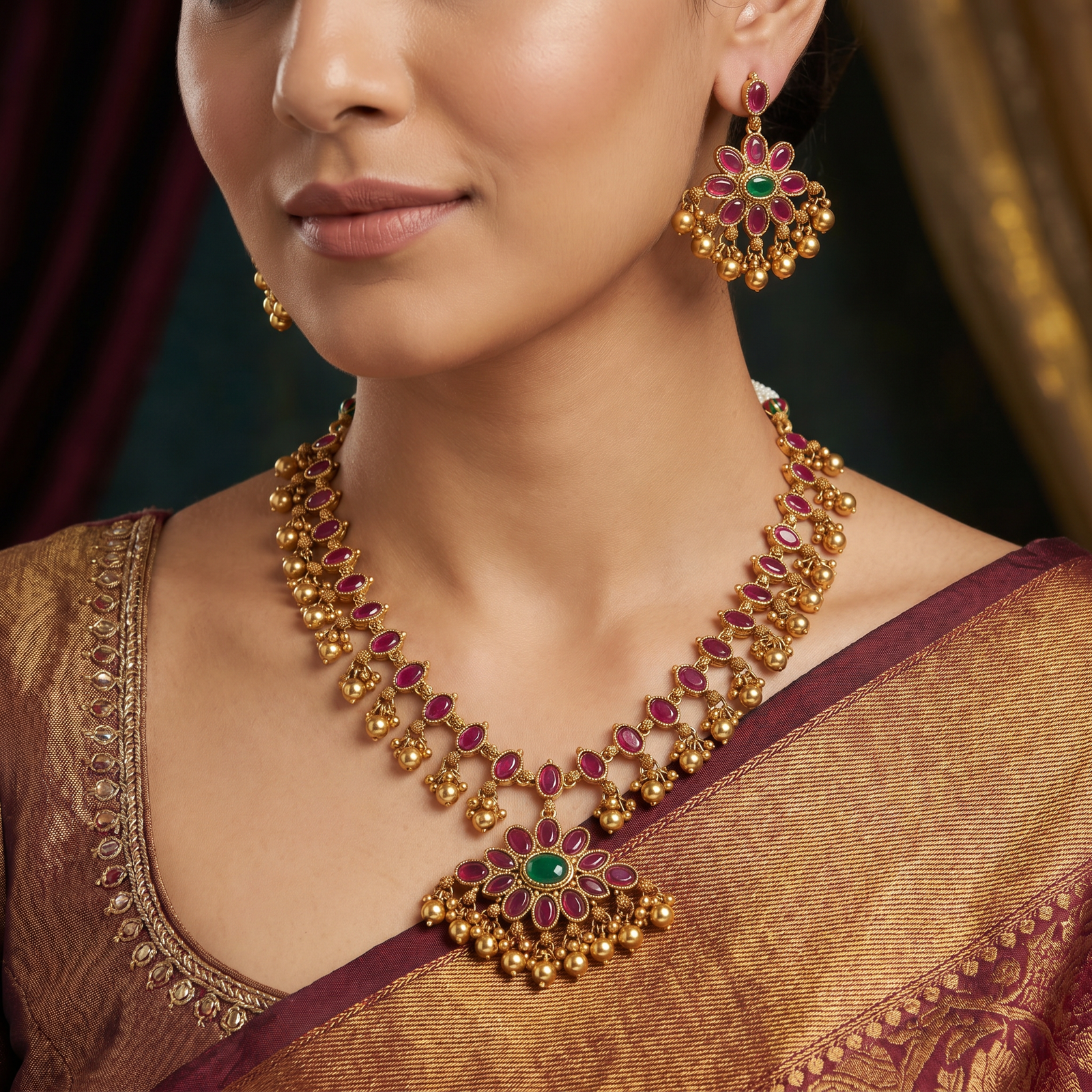 Festive Floral Medallion Necklace with Drop Fringe Design