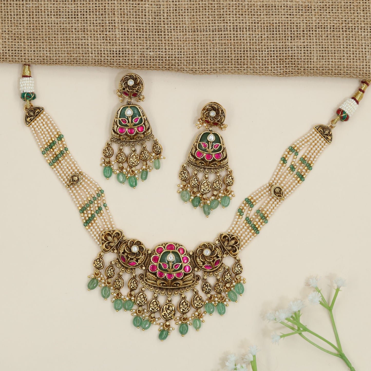 Grand floral beads necklace with cascading ornamental motifs