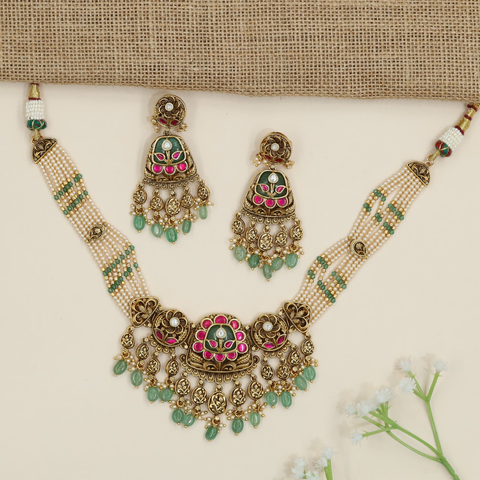 Grand floral beads necklace with cascading ornamental motifs