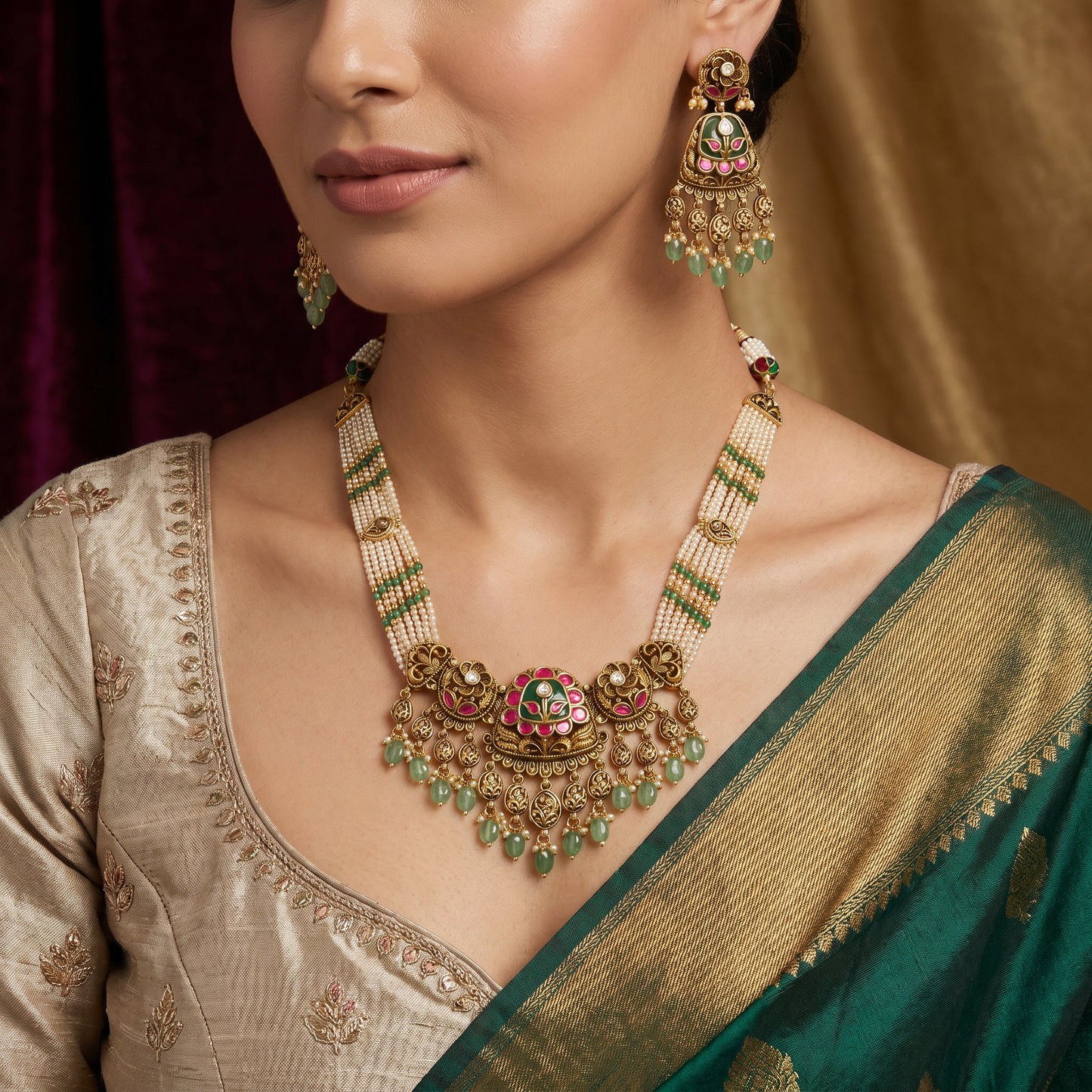 Grand floral beads necklace with cascading ornamental motifs