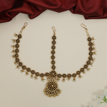Temple Antique Head Set with Multi-Petal Flower Pendant and Cluster Drops