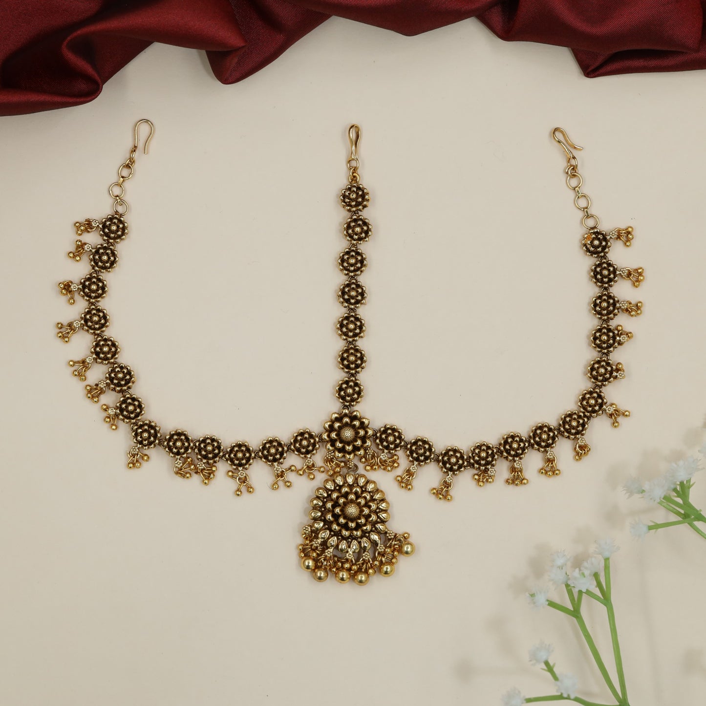 Temple Antique Head Set with Multi-Petal Flower Pendant and Cluster Drops