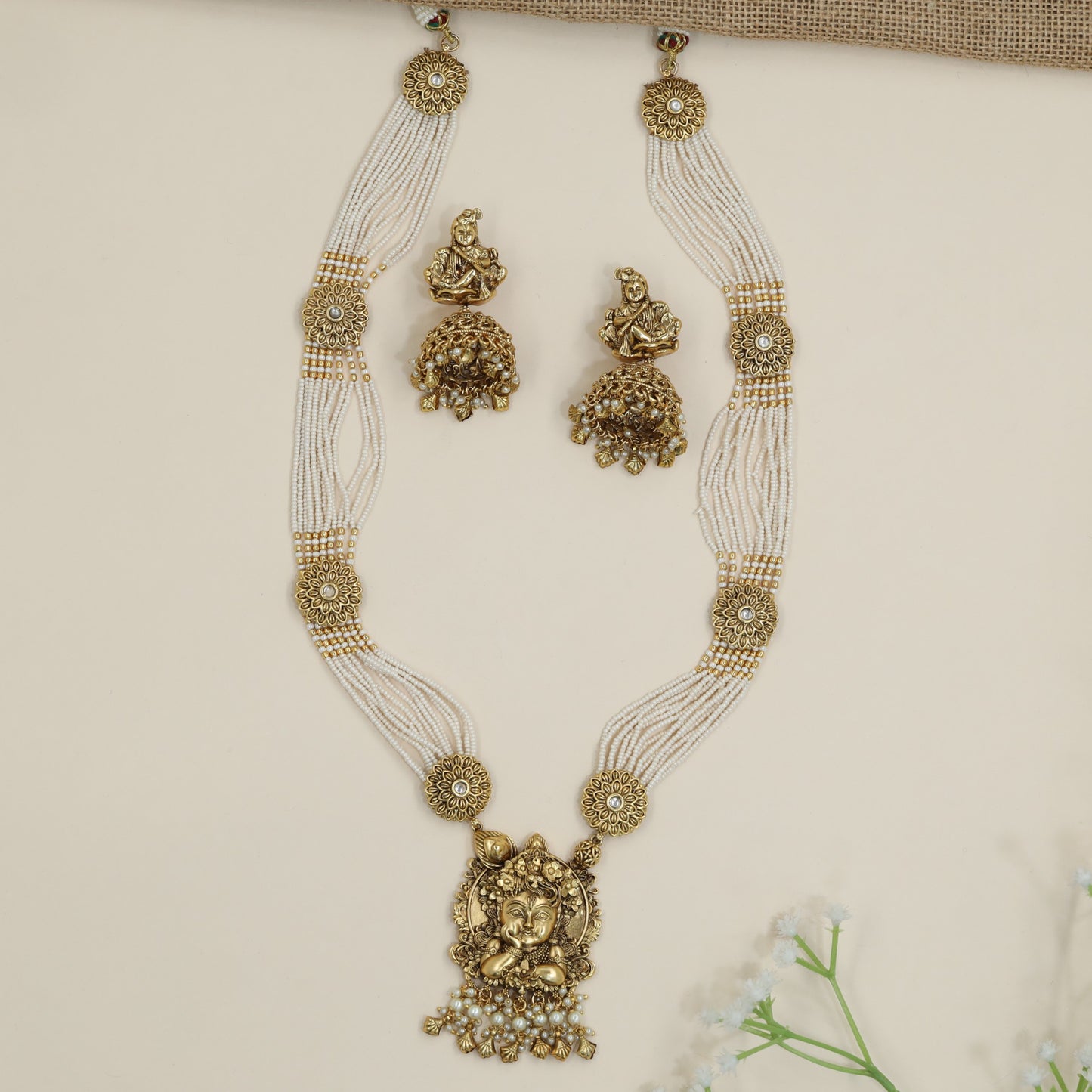 Classic Krishna beads long haara with floral connector motifs