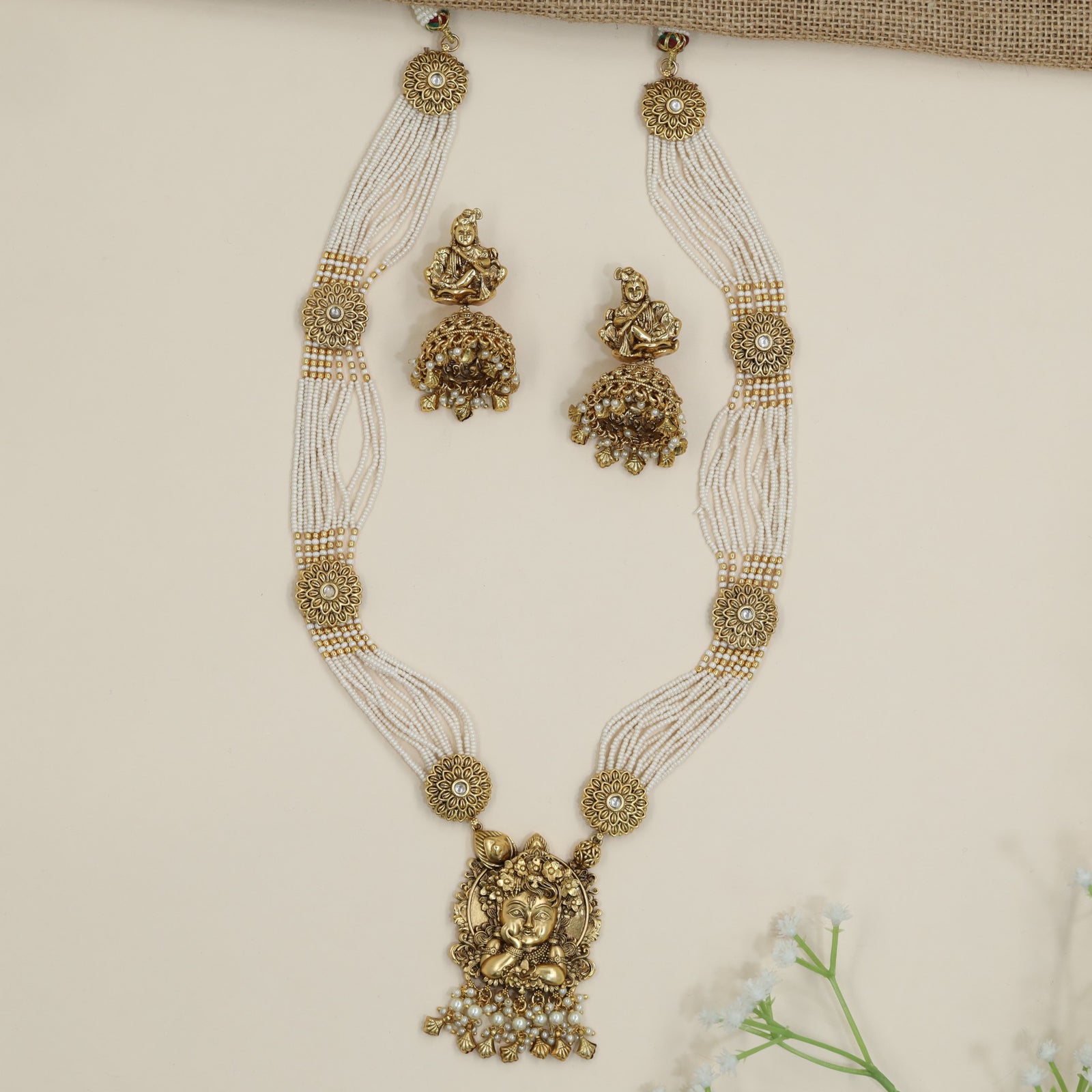 Classic Krishna beads long haara with floral connector motifs