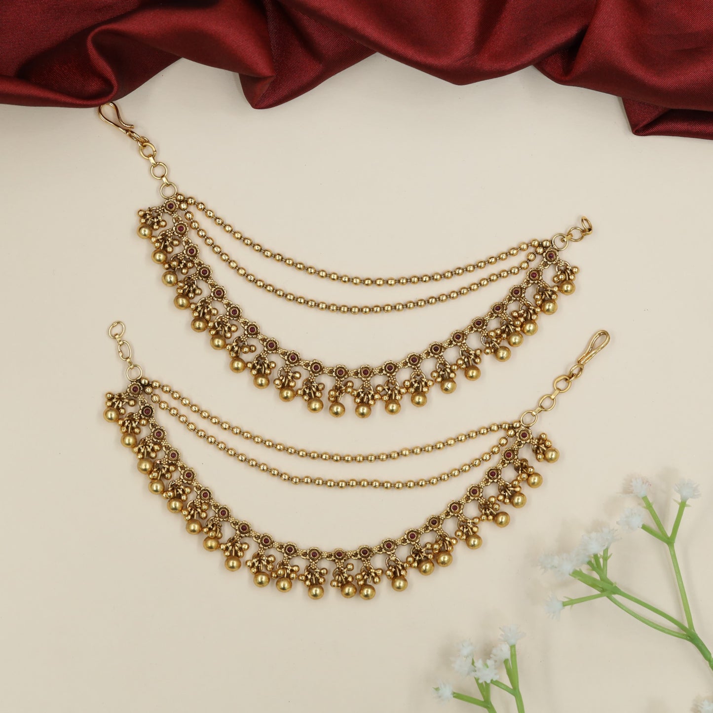 Temple Antique Mati with Multi-Strand Bead Chains and Ghungroo Drops