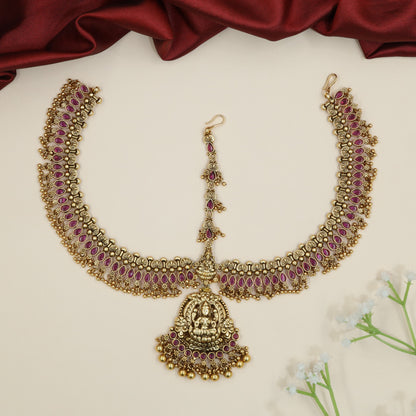 Bridal lakshmi motif matha patti with dangling cluster drops