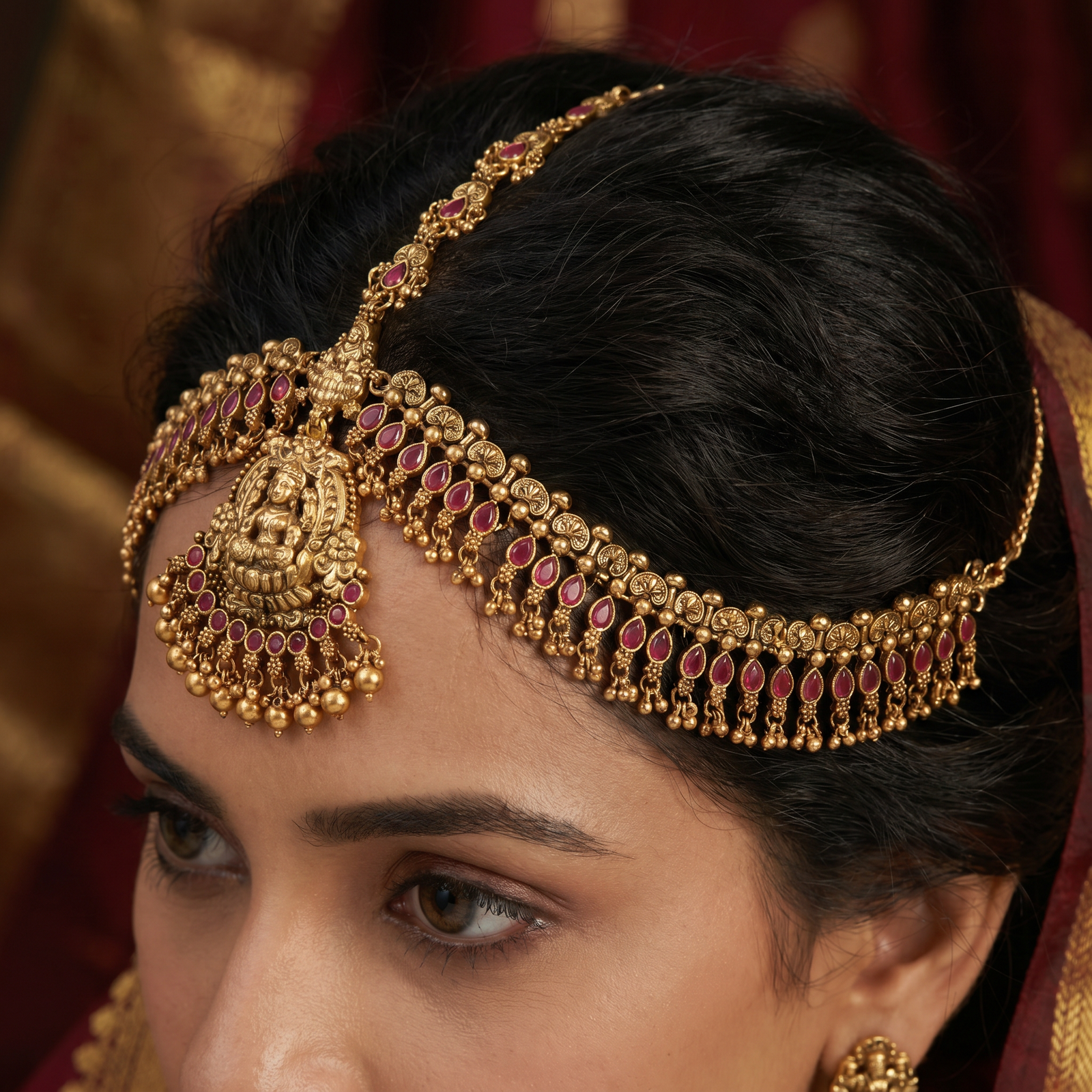 Bridal lakshmi motif matha patti with dangling cluster drops