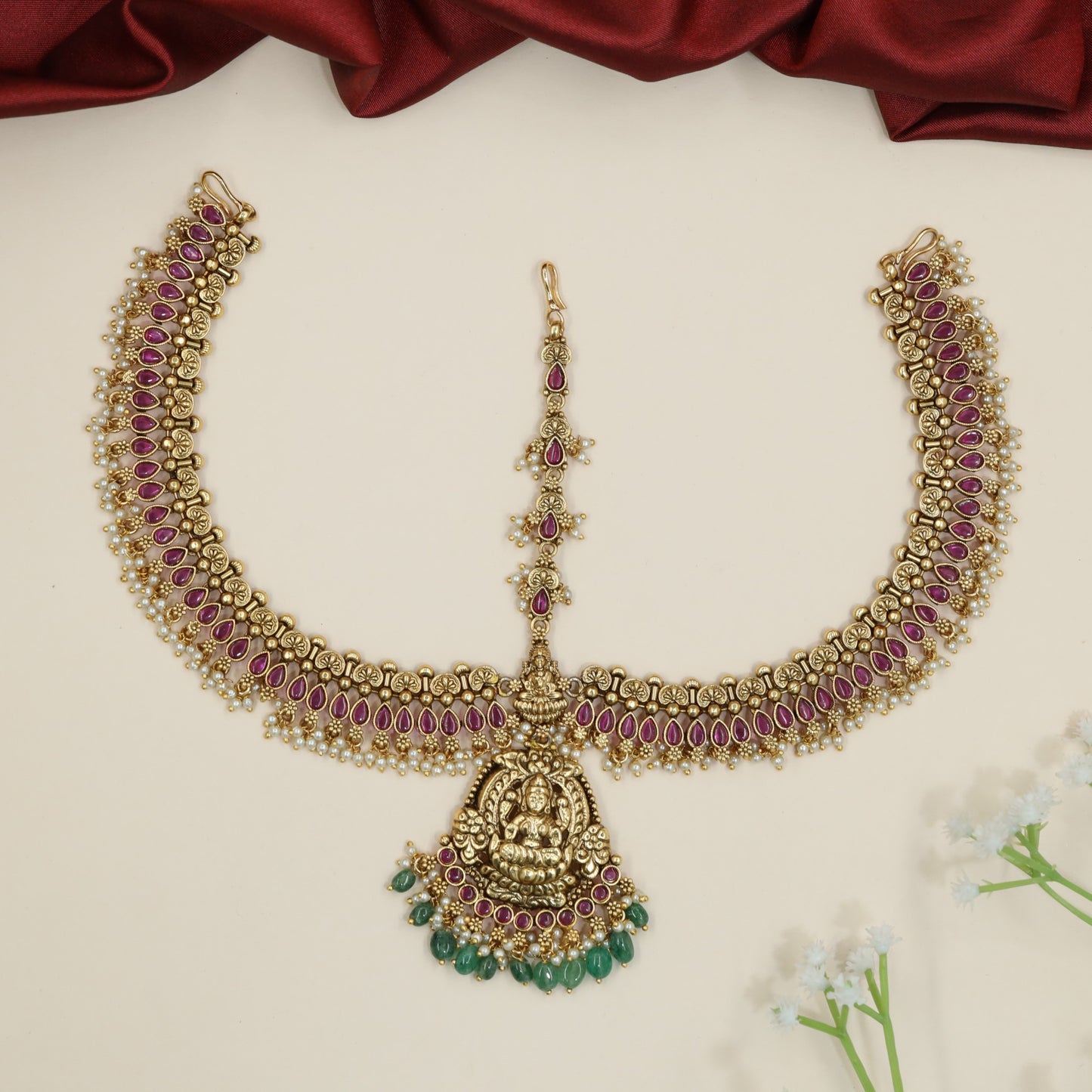 Bridal lakshmi motif matha patti with dangling cluster drops