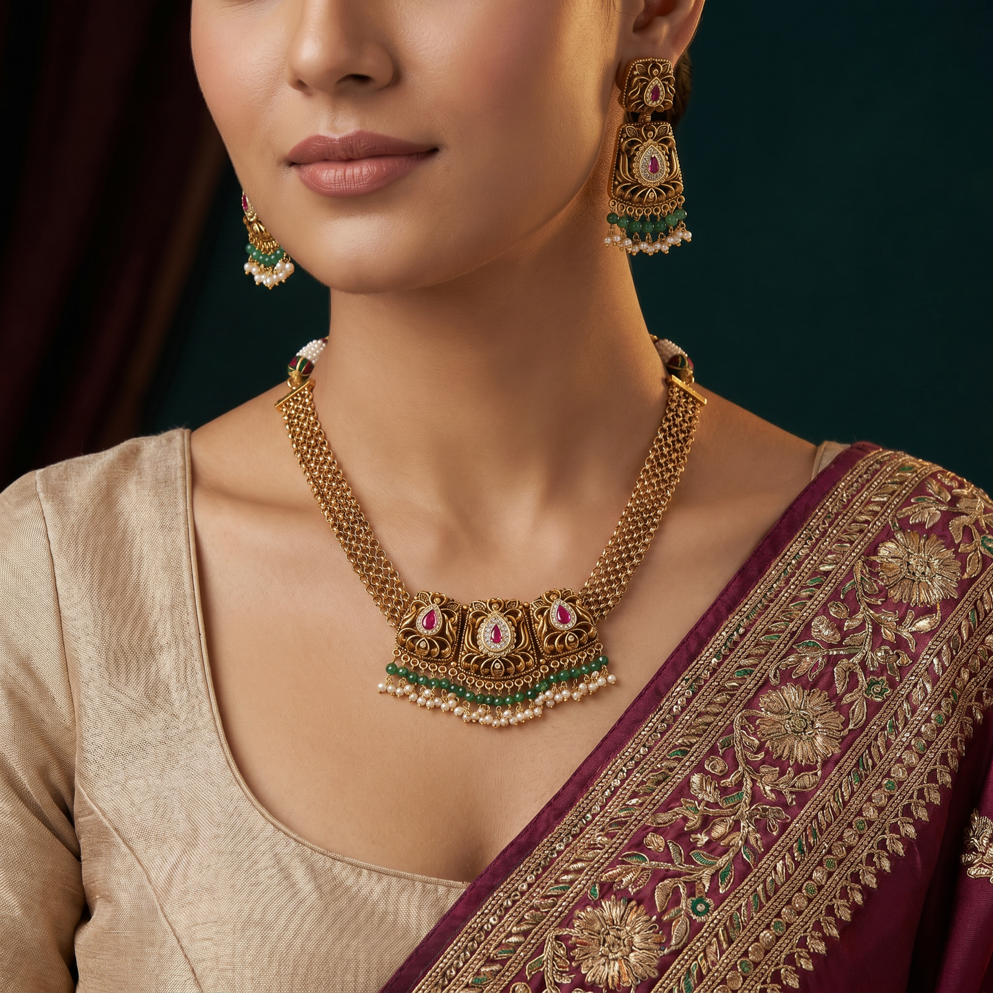 Regal scrollwork panel necklace with layered chain silhouette