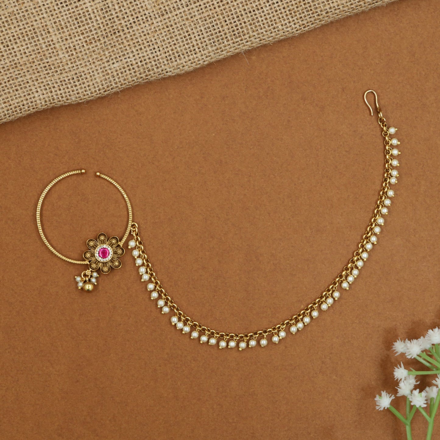 Antique Nath with floral centrepiece and pearl chain border