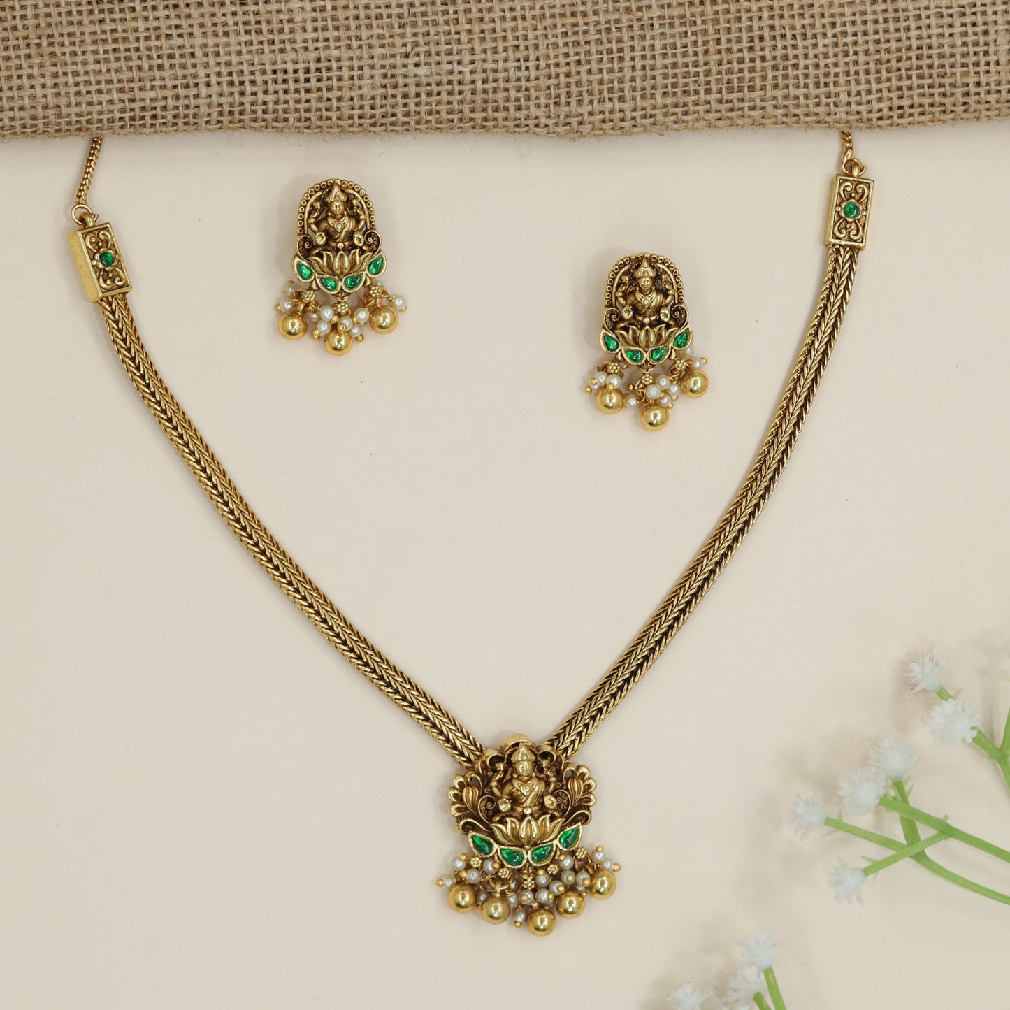 Bridal devotional necklace with Lakshmi centrepiece and fringe border