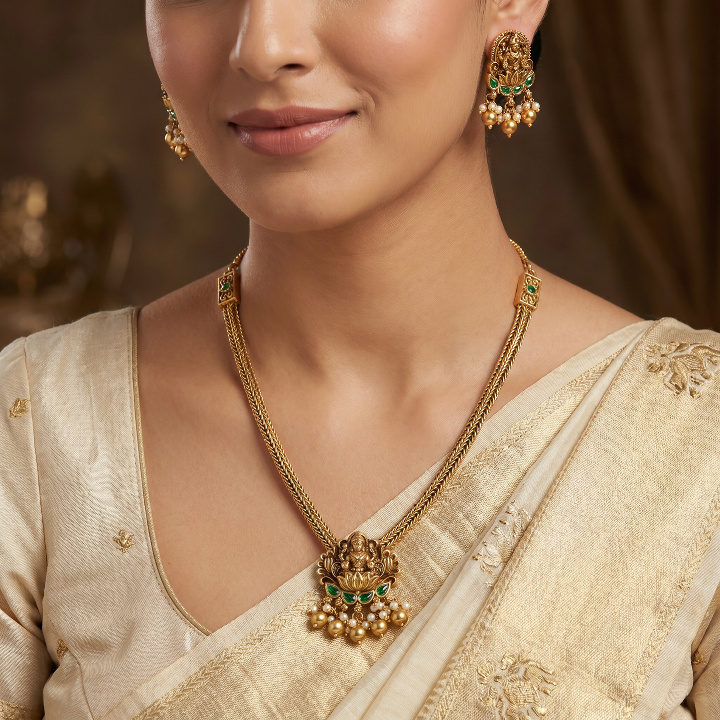 Bridal devotional necklace with Lakshmi centrepiece and fringe border