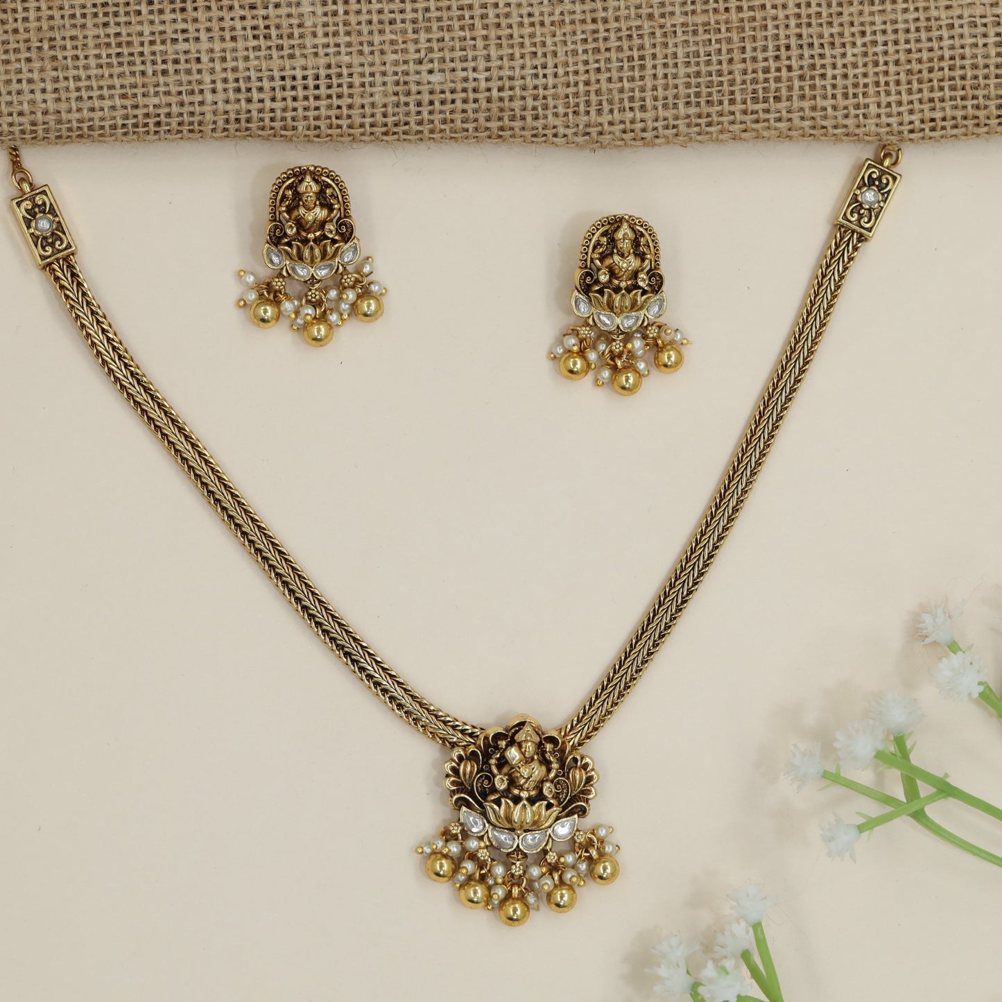 Bridal devotional necklace with Lakshmi centrepiece and fringe border