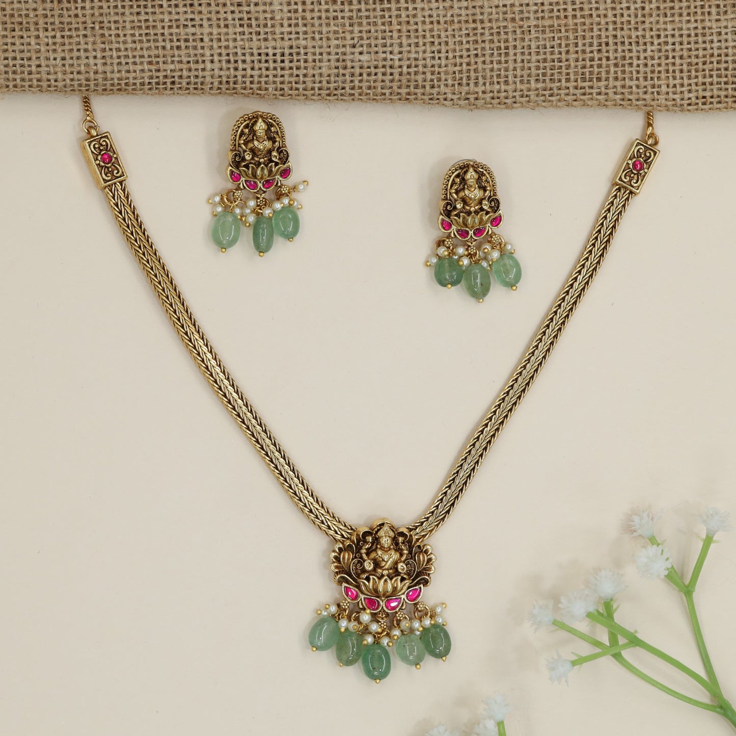 Bridal devotional necklace with Lakshmi centrepiece and fringe border