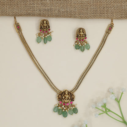 Bridal devotional necklace with Lakshmi centrepiece and fringe border