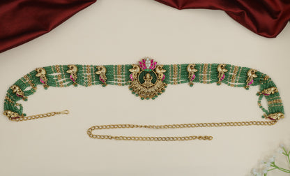 Lakshmi centrepiece Antique Waist Belt with ornamental peacock accents