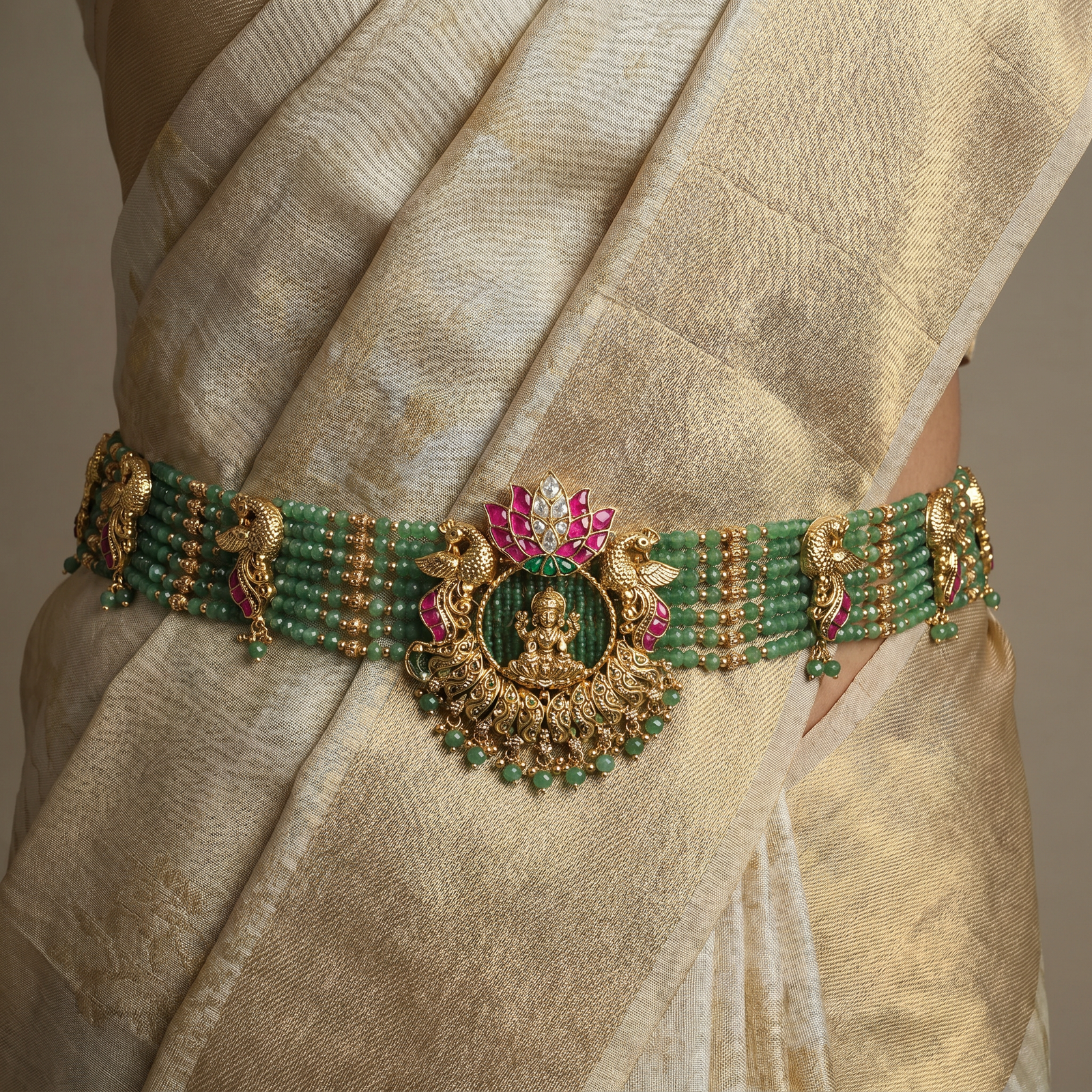 Lakshmi centrepiece Antique Waist Belt with ornamental peacock accents