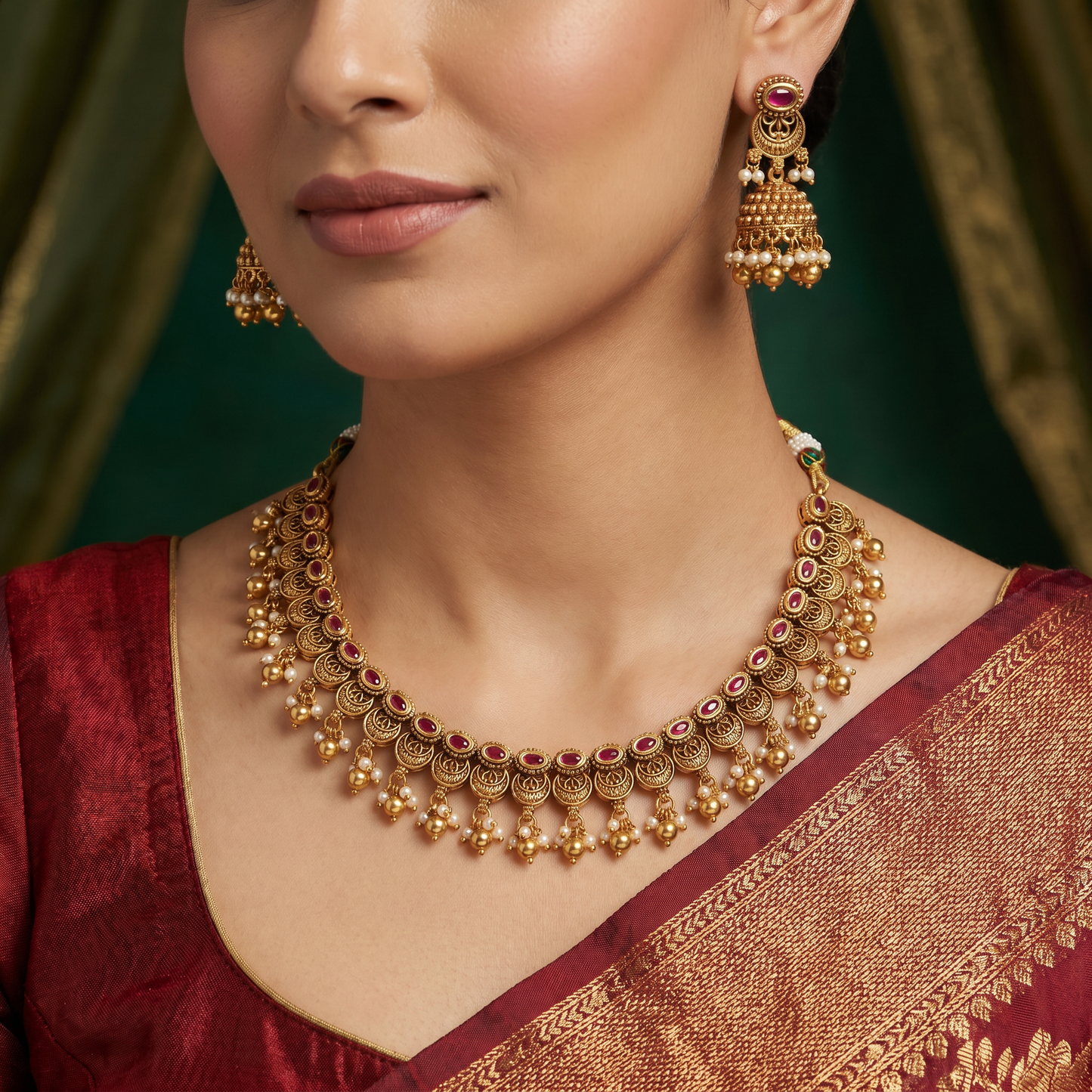Heirloom crescent pattern necklace with cascading decorative drops