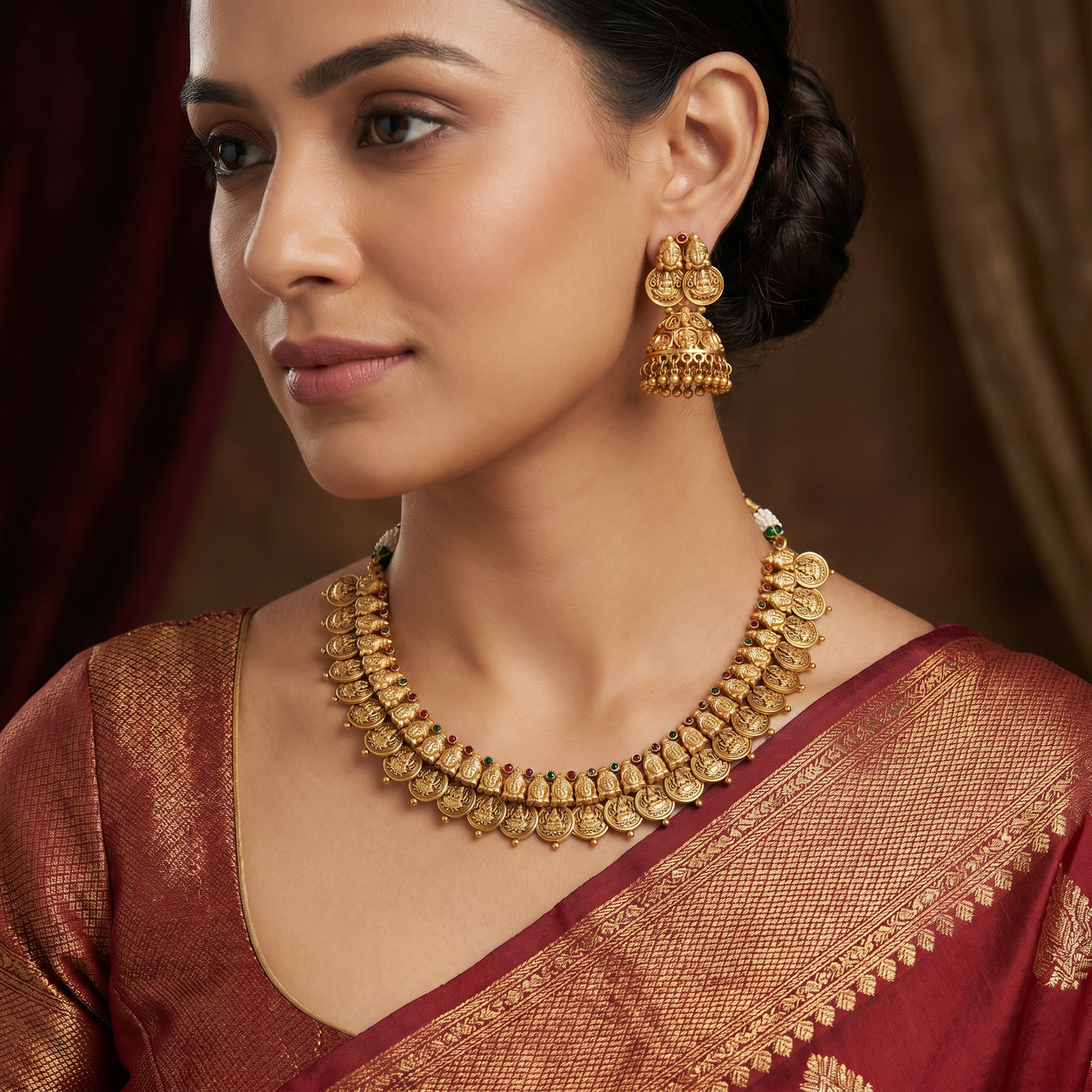 Signature lakshmi coin necklace with richly detailed collar silhouette
