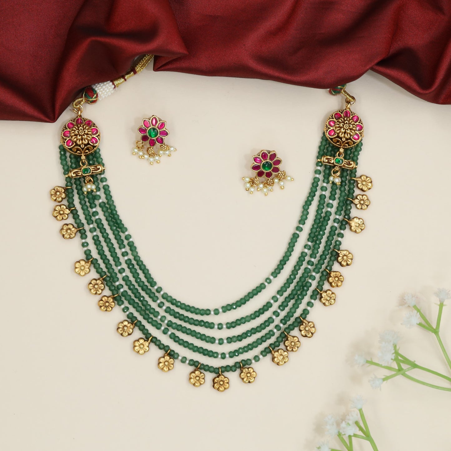 Floral charm Antique Beads Necklace with layered bead strands