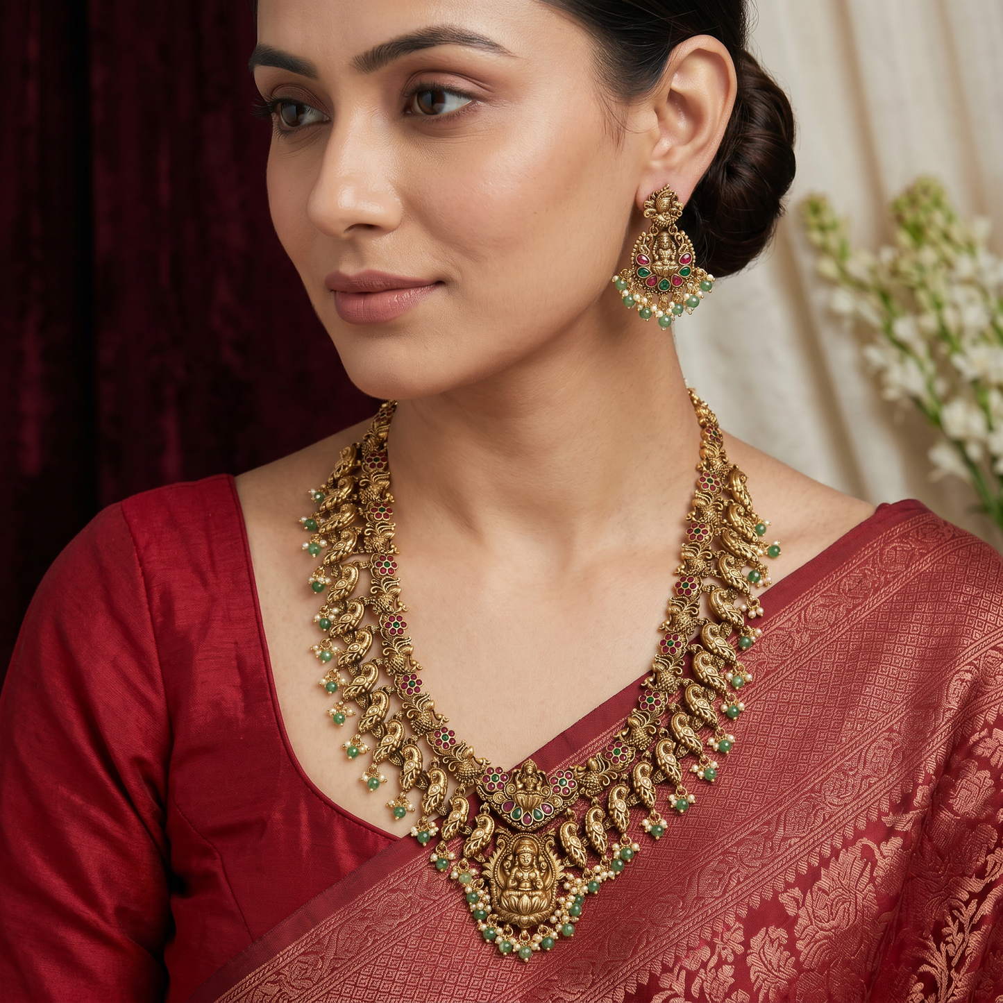 Antique Long Haara with peacock pattern and Lakshmi centrepiece