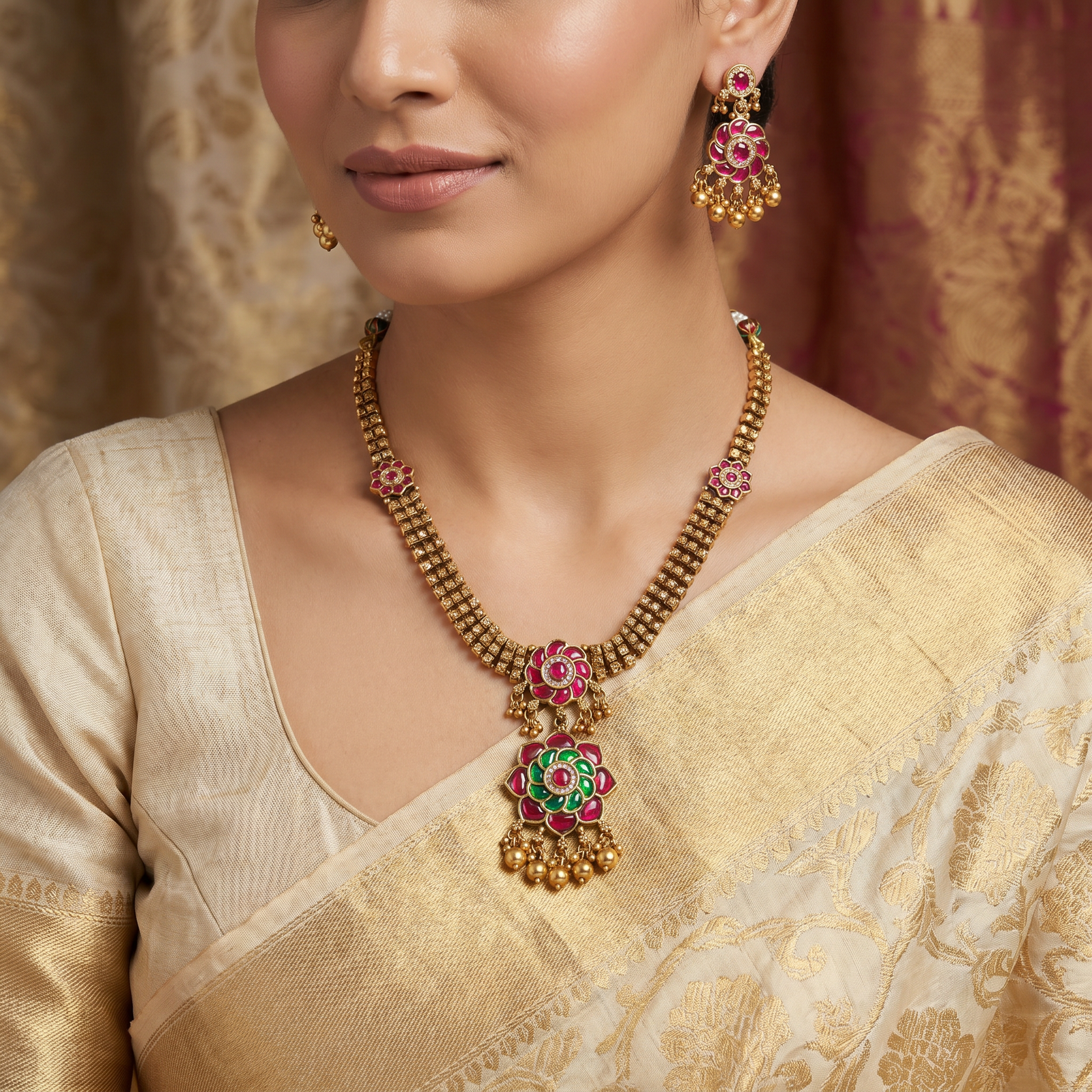 Classic flower motif necklace with sculpted rosette composition