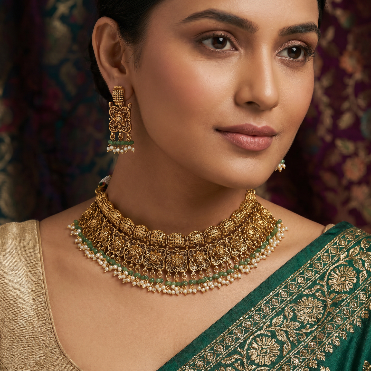 Festive floral necklace with layered motif arrangement and fringe detailing