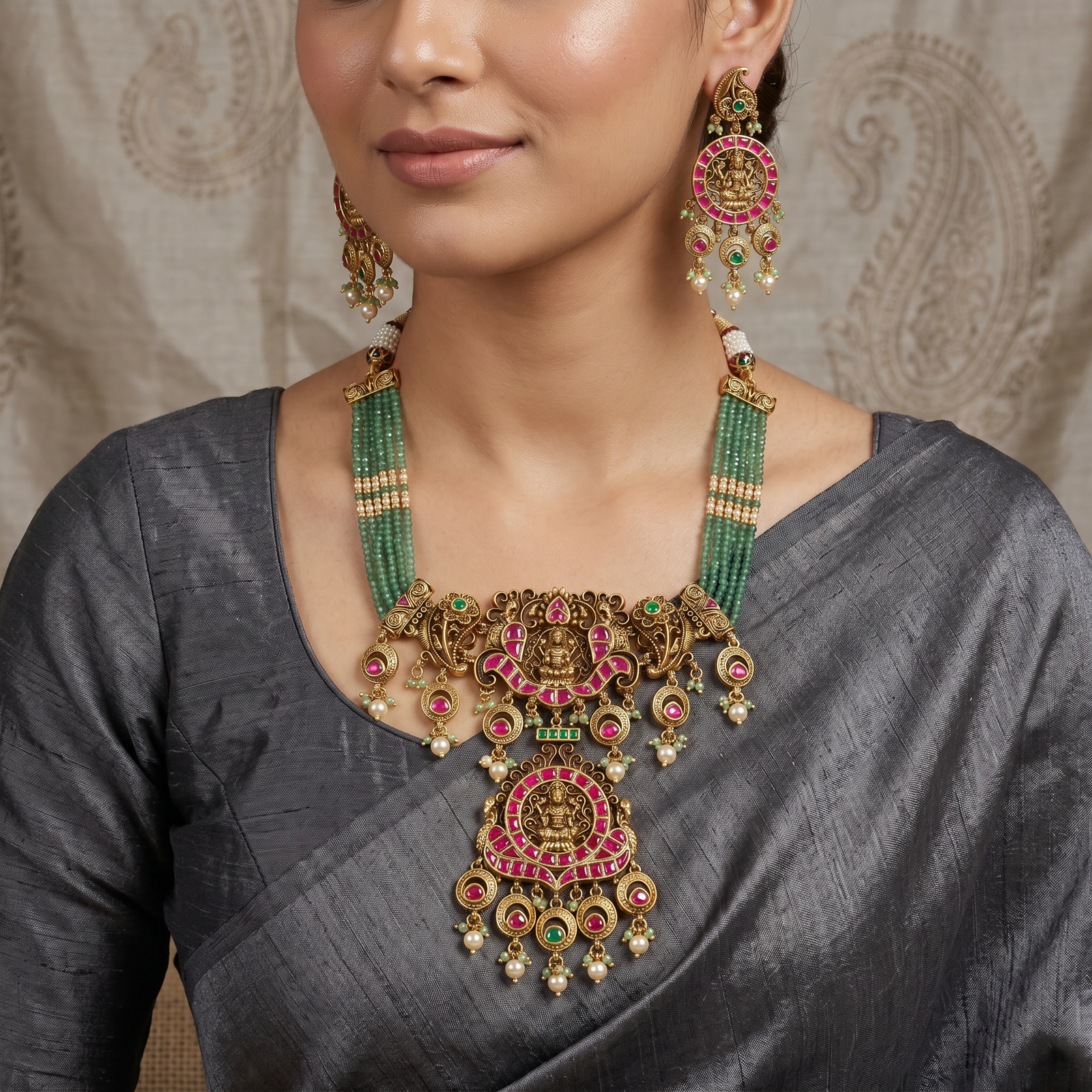Artisan Lakshmi motif beads necklace with decorative scrollwork accents