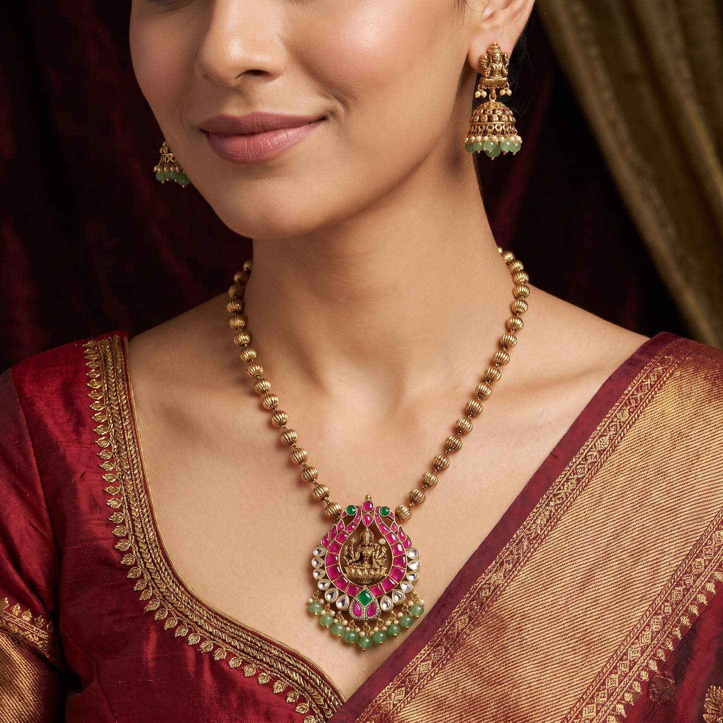 Grand goddess motif Antique Chain With Pendant with decorative drop border