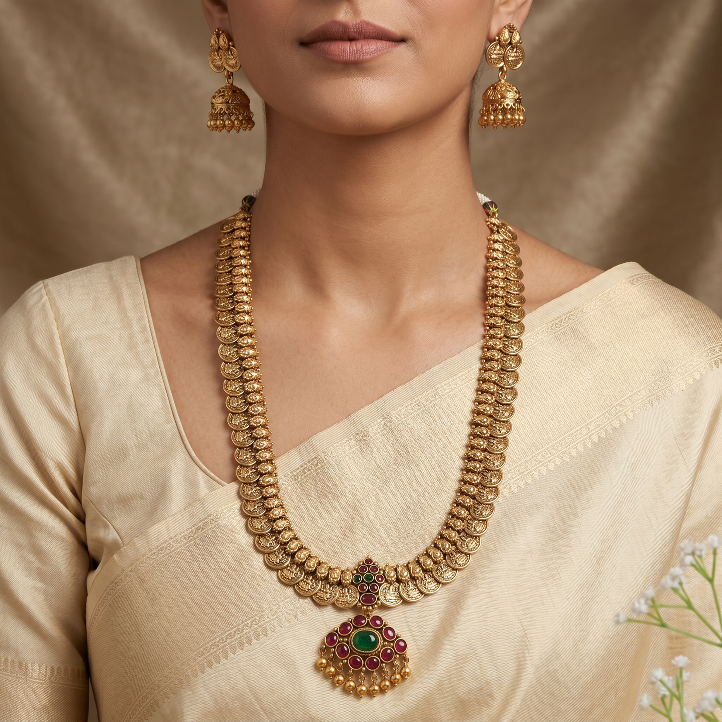Imperial coin long haara with decorative pendant silhouette