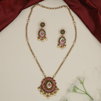 Decorative lotus motif Antique Chain With Pendant with hanging pearl accents