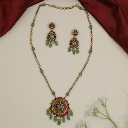 Decorative lotus motif Antique Chain With Pendant with hanging pearl accents