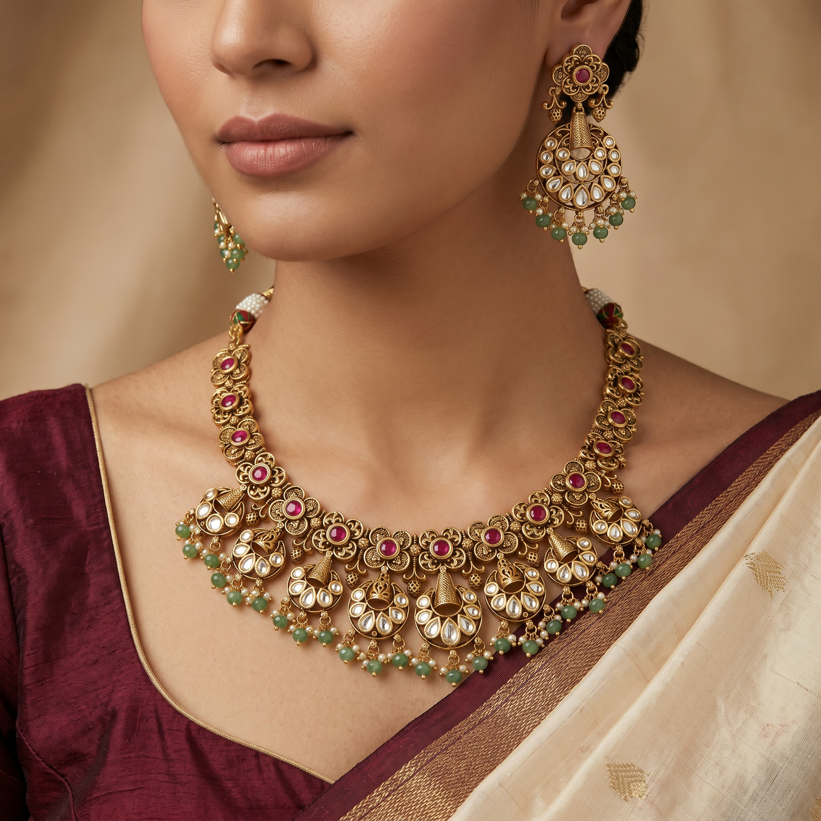 Temple-inspired floral necklace with cascading chandbali accents