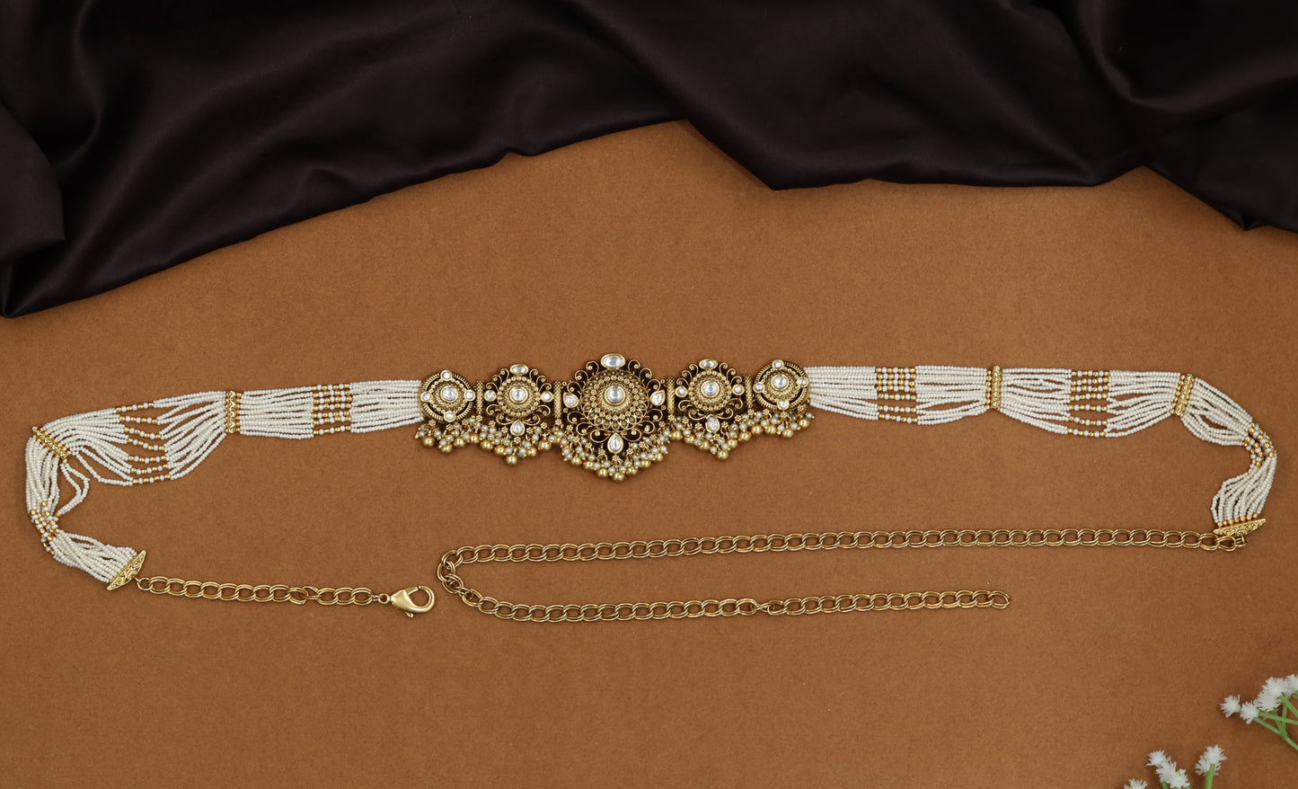 Pearl medallion Antique Waist Belt with multi-strand beadwork panels