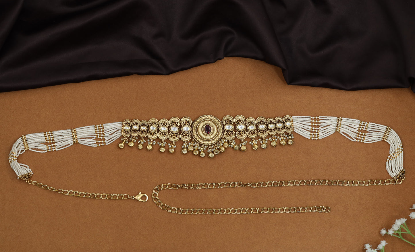 Layered pearl Antique Waist Belt with ornamental border composition