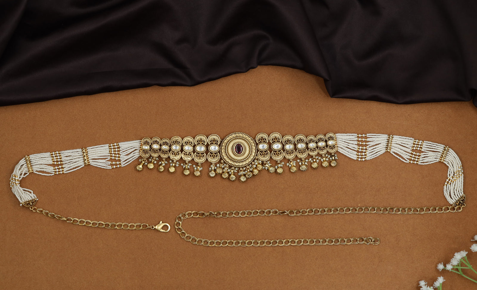 Layered pearl Antique Waist Belt with ornamental border composition
