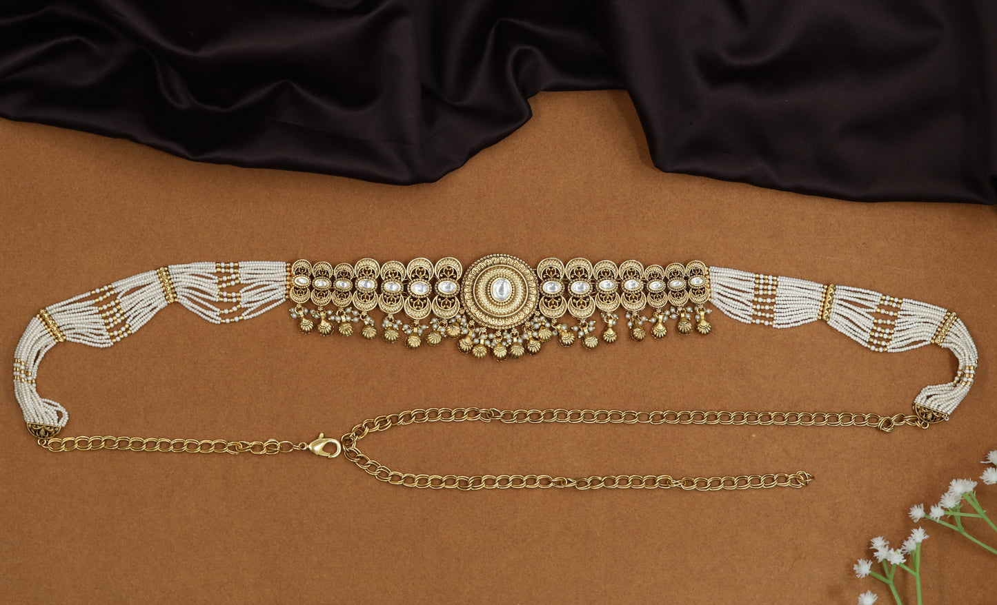 Layered pearl Antique Waist Belt with ornamental border composition